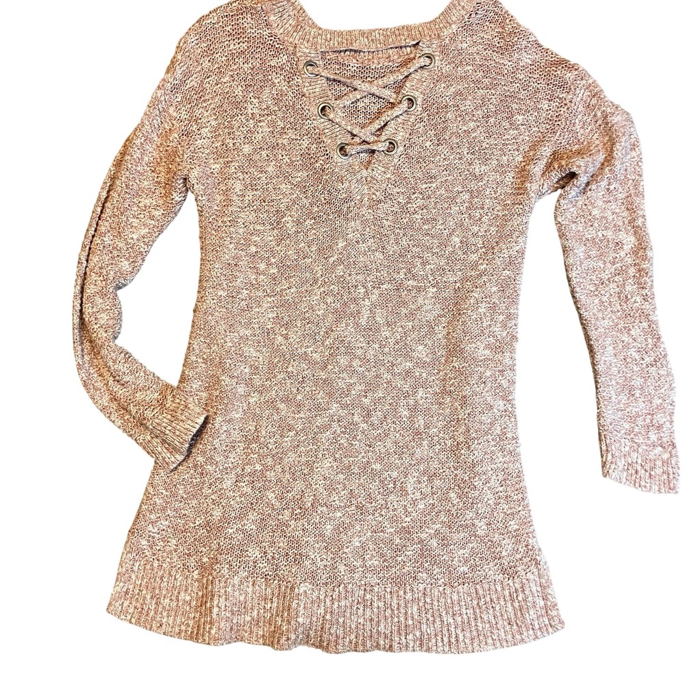 Motherhood Maternity‎ Pink White Marled Knit Lace-Up Neck Sweater M Pregnant